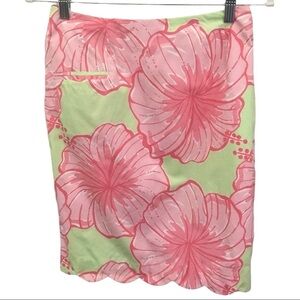 Lilly Pulitzer Tropical Floral Hibiscus Pink Green Skirt Scalloped Hem Vintage